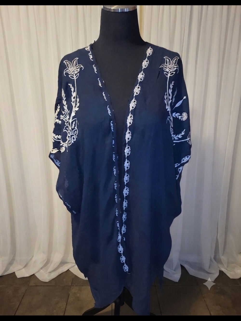 Haute Monde Navy Blue Embroidered Kimono Shrug with White Accents